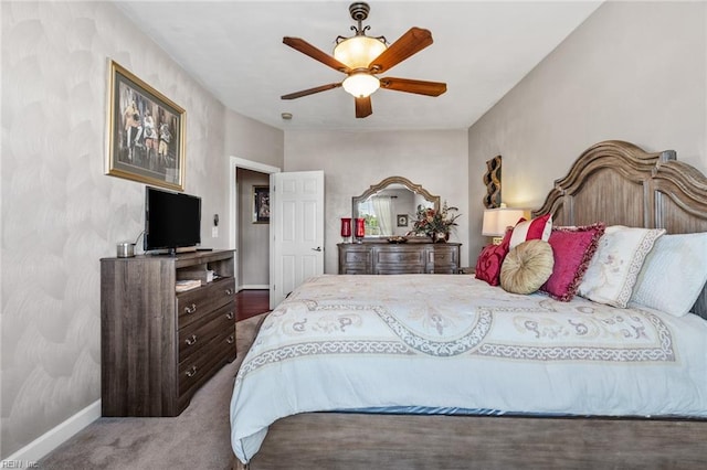 bedroom featuring ceiling fan and carpet floors