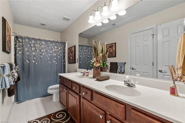 bathroom featuring vanity, a shower with shower curtain, toilet, and tile patterned floors