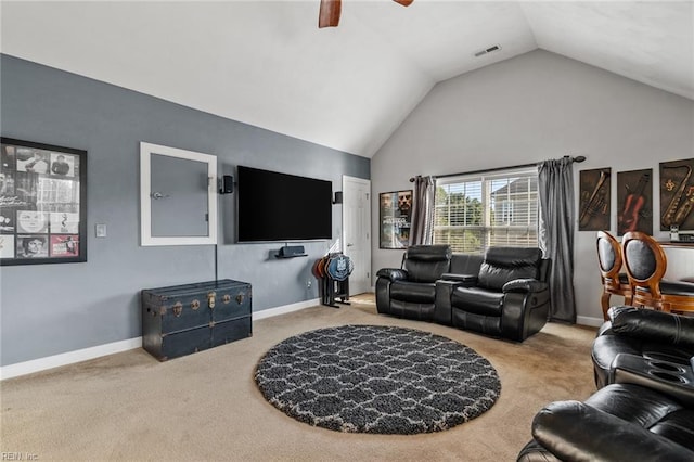 carpeted living room featuring lofted ceiling and ceiling fan