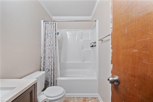 full bathroom featuring vanity, crown molding, shower / tub combo with curtain, and toilet