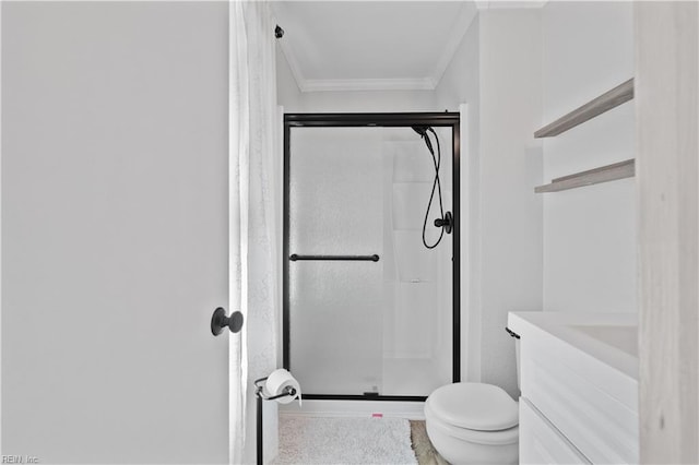 bathroom featuring vanity, crown molding, walk in shower, and toilet