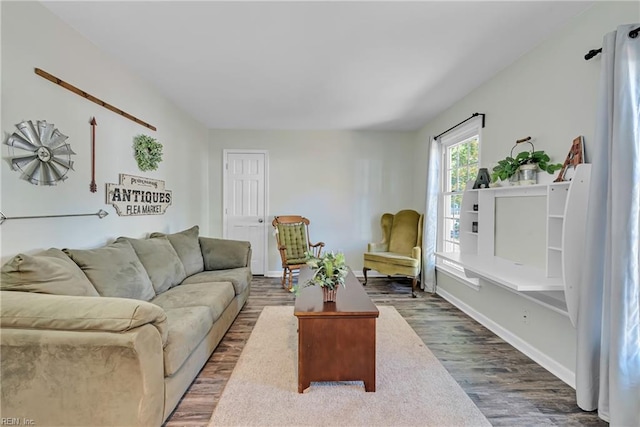 living room featuring dark wood-type flooring