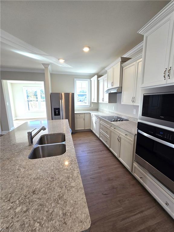 kitchen featuring white cabinets, crown molding, sink, light stone countertops, and stainless steel appliances