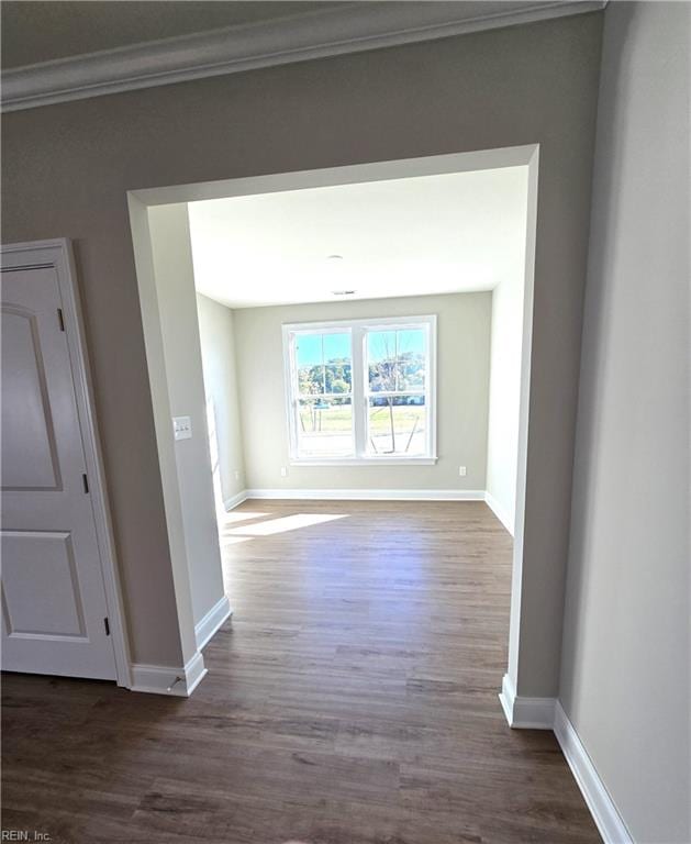 hall featuring crown molding and dark wood-type flooring