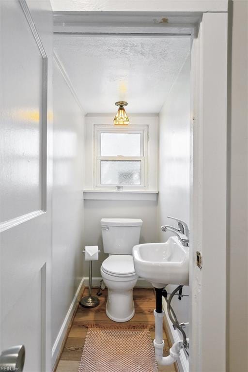 bathroom featuring toilet, a textured ceiling, wood-type flooring, and sink