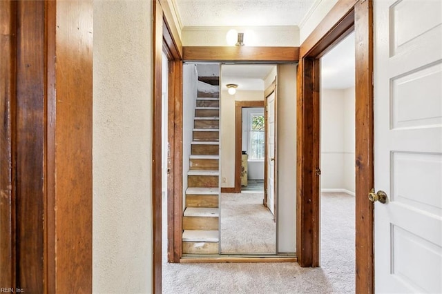 hallway featuring light carpet, ornamental molding, and a textured ceiling