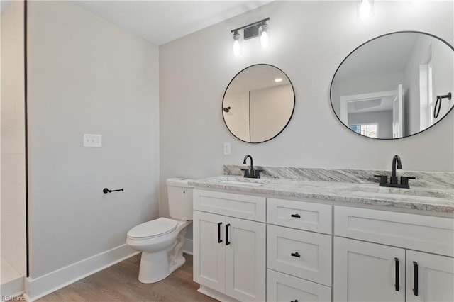 bathroom featuring toilet, vanity, and wood-type flooring