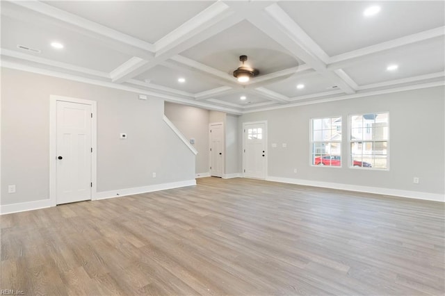 unfurnished living room featuring beamed ceiling, coffered ceiling, and light wood-type flooring