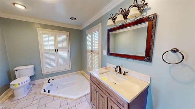 bathroom featuring vanity, ornamental molding, tiled bath, and toilet