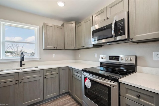 kitchen featuring hardwood / wood-style floors, stainless steel appliances, sink, and gray cabinetry