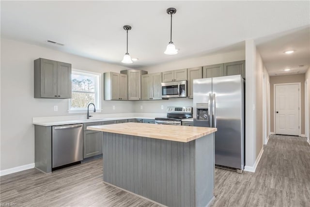 kitchen featuring sink, a kitchen island, light hardwood / wood-style floors, stainless steel appliances, and gray cabinets