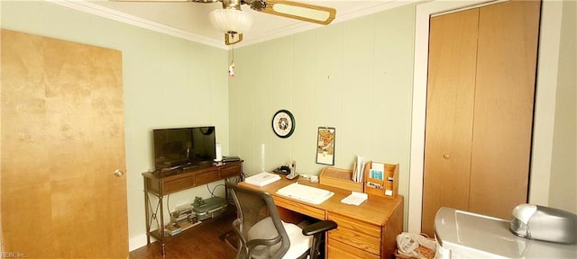 home office with ornamental molding, dark hardwood / wood-style floors, and ceiling fan