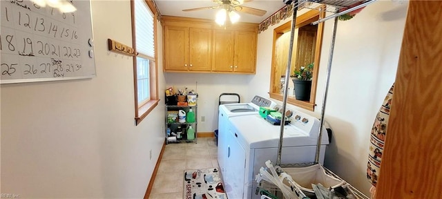 laundry area with separate washer and dryer, light tile patterned floors, cabinets, and ceiling fan