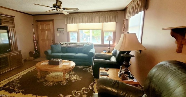 living room with ornamental molding and ceiling fan