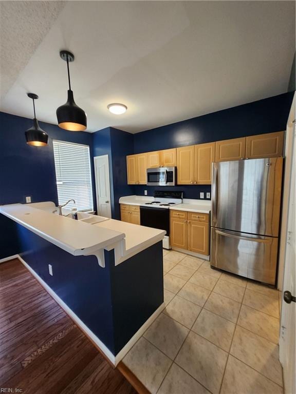 kitchen featuring appliances with stainless steel finishes, sink, a breakfast bar area, pendant lighting, and light hardwood / wood-style flooring