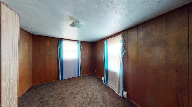 carpeted empty room with wood walls