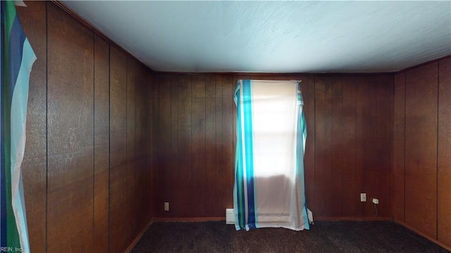 carpeted empty room with wood walls