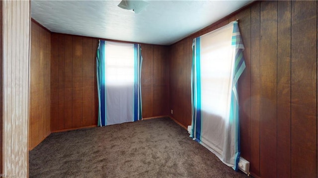 spare room with dark carpet and wooden walls