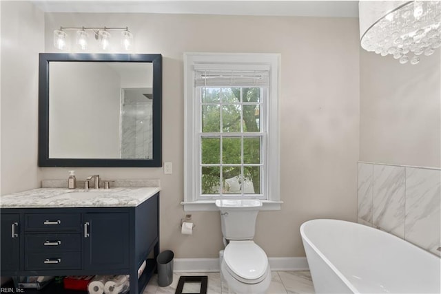 full bathroom with vanity, toilet, independent shower and bath, and a chandelier