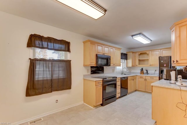 kitchen with a healthy amount of sunlight, black appliances, light brown cabinetry, and sink