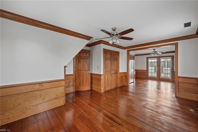 bonus room with ceiling fan, vaulted ceiling, french doors, and dark hardwood / wood-style flooring