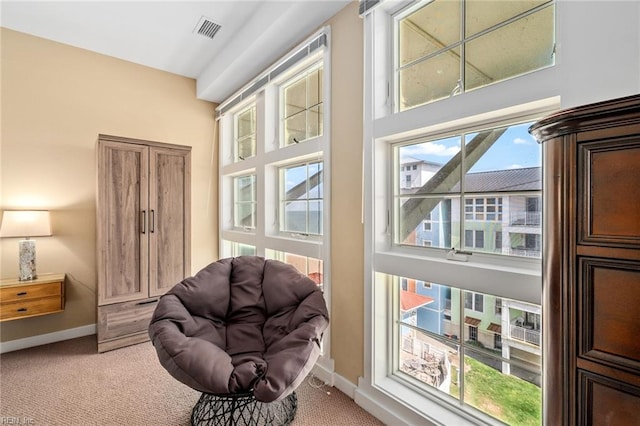 living area featuring carpet