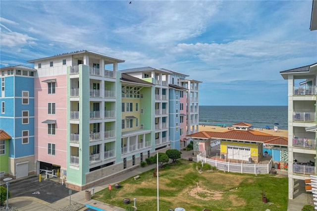 view of building exterior featuring a water view