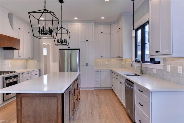 kitchen with stainless steel appliances, sink, custom exhaust hood, and white cabinets