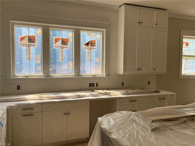 kitchen with light countertops, ornamental molding, and white cabinetry