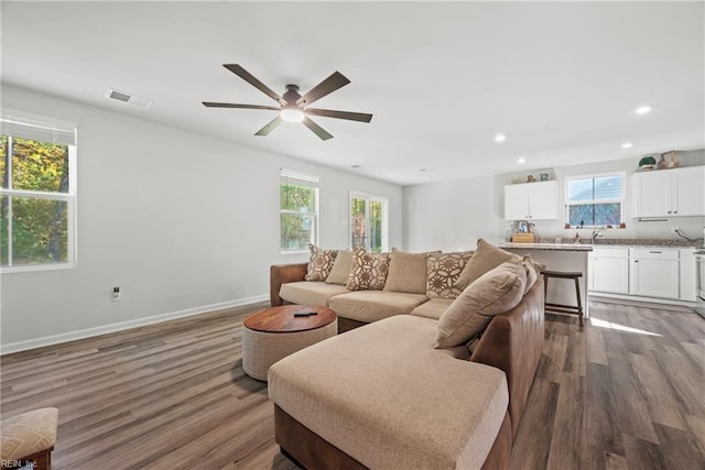 living room featuring hardwood / wood-style flooring and ceiling fan