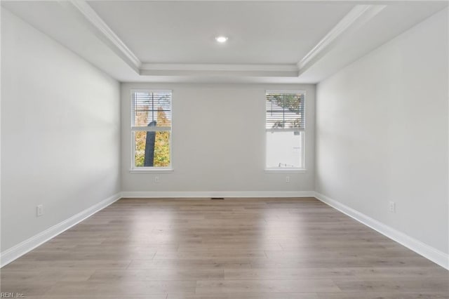 unfurnished room featuring crown molding, a tray ceiling, and light wood-type flooring