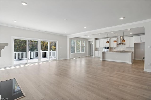 unfurnished living room with ornamental molding and light hardwood / wood-style flooring