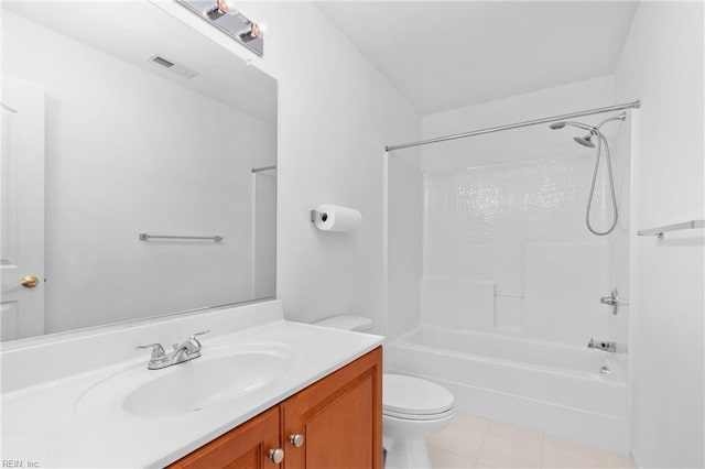 full bathroom featuring vanity, shower / tub combination, toilet, and tile patterned floors