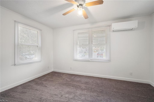 carpeted empty room with ornamental molding, an AC wall unit, and ceiling fan