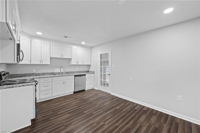 kitchen with sink, white cabinetry, stainless steel appliances, and dark hardwood / wood-style flooring