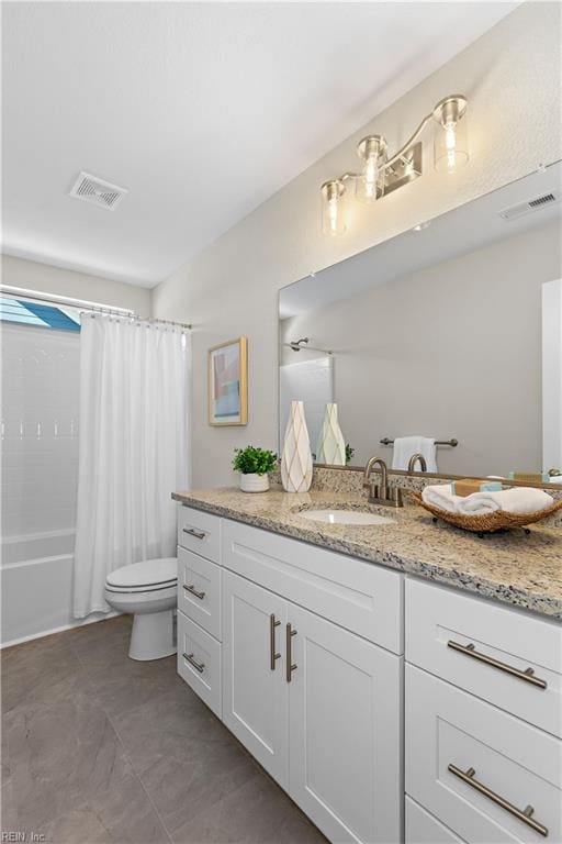 full bathroom featuring vanity, toilet, and shower / bathtub combination with curtain