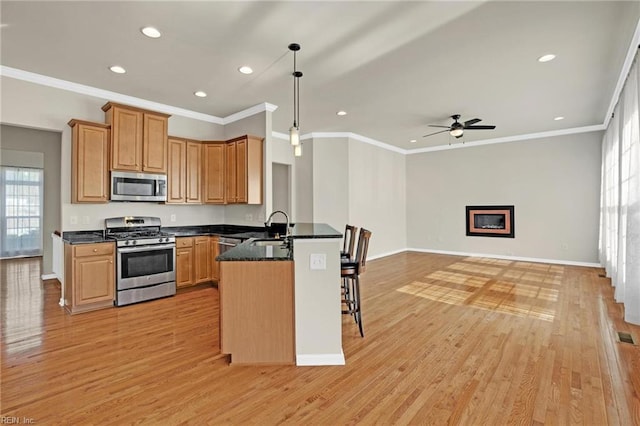 kitchen featuring stainless steel appliances, kitchen peninsula, ornamental molding, decorative light fixtures, and light wood-type flooring