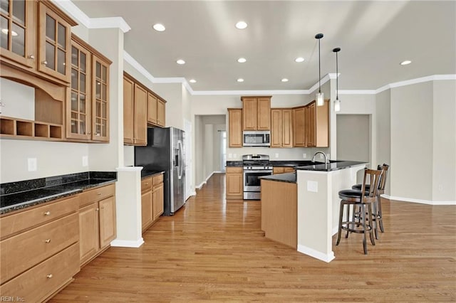 kitchen with light hardwood / wood-style flooring, pendant lighting, crown molding, and stainless steel appliances