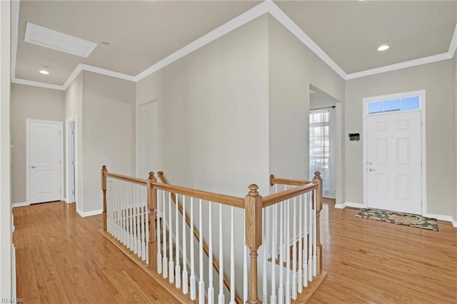 entrance foyer with ornamental molding and light hardwood / wood-style floors