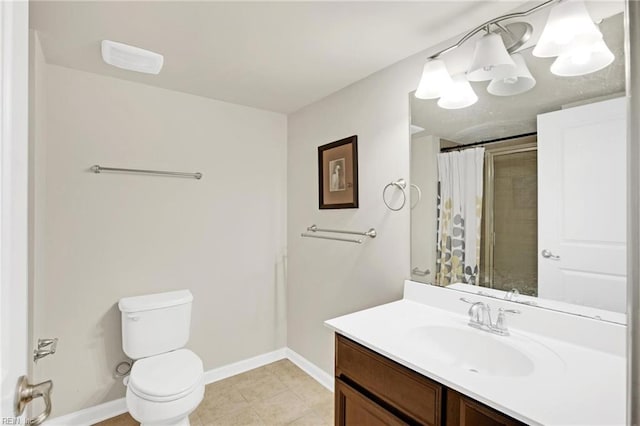 bathroom with vanity, tile patterned flooring, curtained shower, and toilet