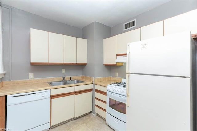 kitchen featuring extractor fan, white cabinets, sink, and white appliances