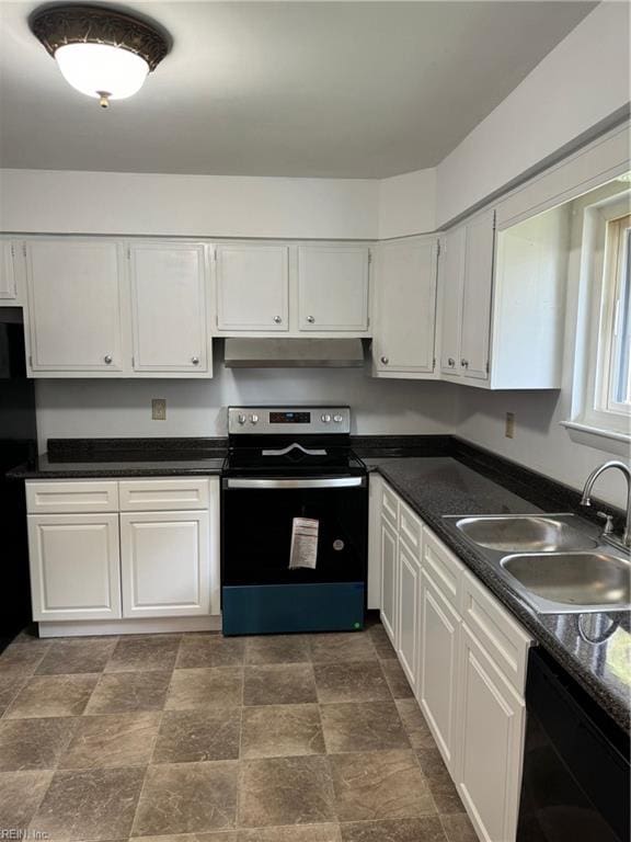 kitchen with white cabinetry, black appliances, and sink