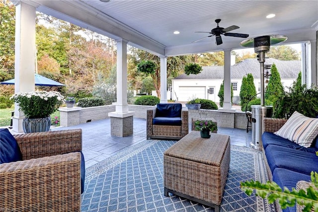 view of patio / terrace featuring ceiling fan and an outdoor hangout area