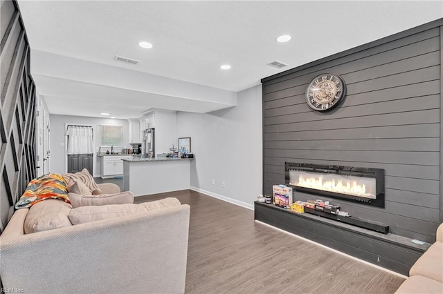 living room featuring a fireplace and wood-type flooring