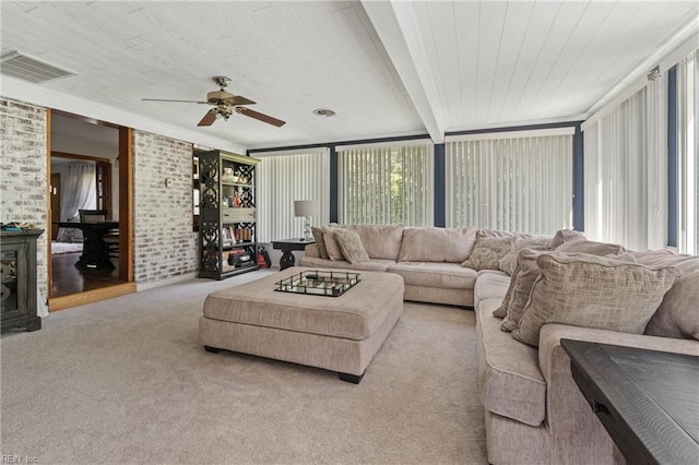 living room featuring light carpet, beam ceiling, floor to ceiling windows, wooden ceiling, and ceiling fan