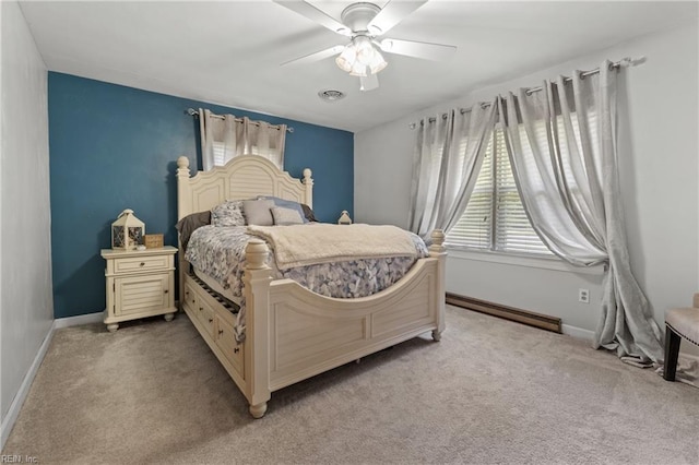 bedroom with a baseboard radiator, ceiling fan, and light colored carpet