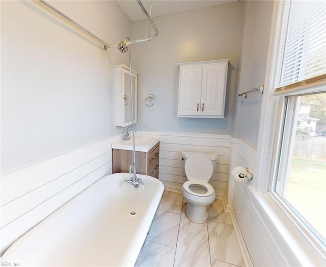 bathroom featuring a washtub, vanity, and toilet