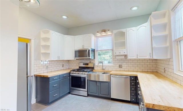 kitchen with butcher block counters, sink, appliances with stainless steel finishes, white cabinets, and decorative backsplash