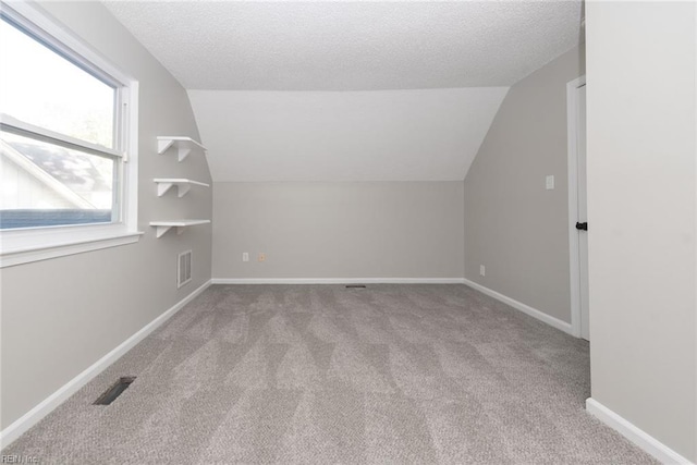 additional living space featuring lofted ceiling, a textured ceiling, and light carpet