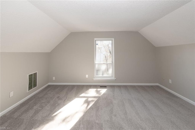 additional living space with light colored carpet, lofted ceiling, and a textured ceiling